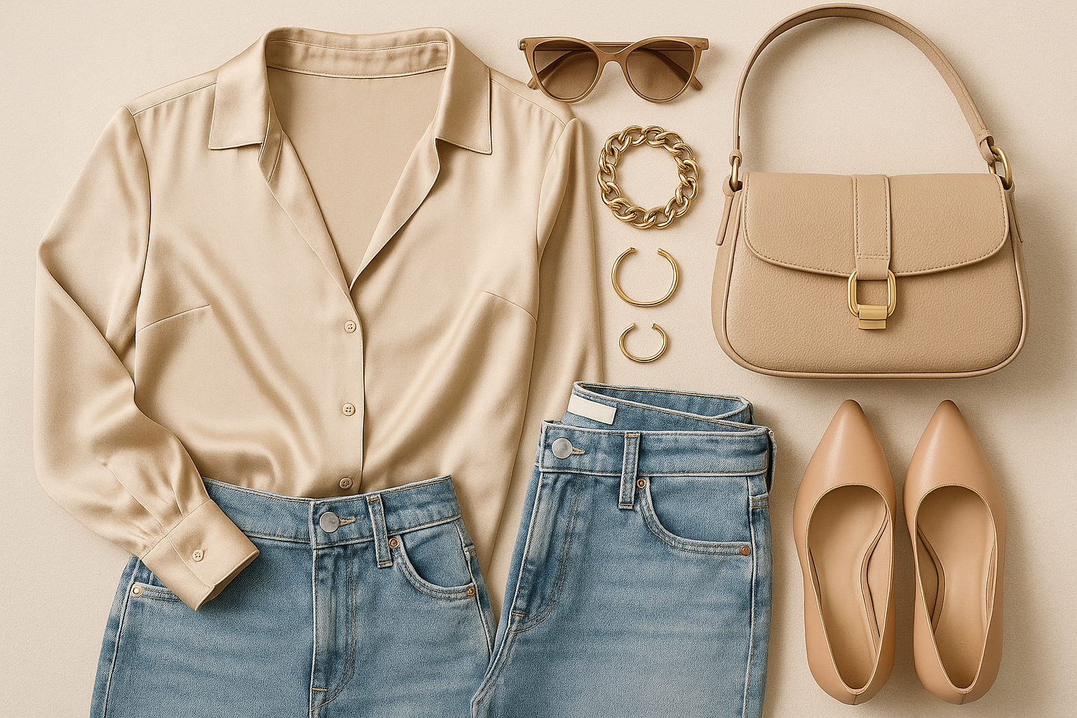 Flat lay de moda femenina con prendas y accesorios elegantes sobre fondo neutro
